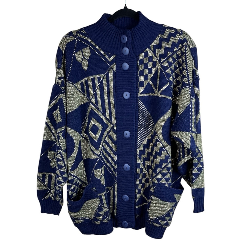Vintage 80s Navy & Gold Geometric Cardigan Sweater